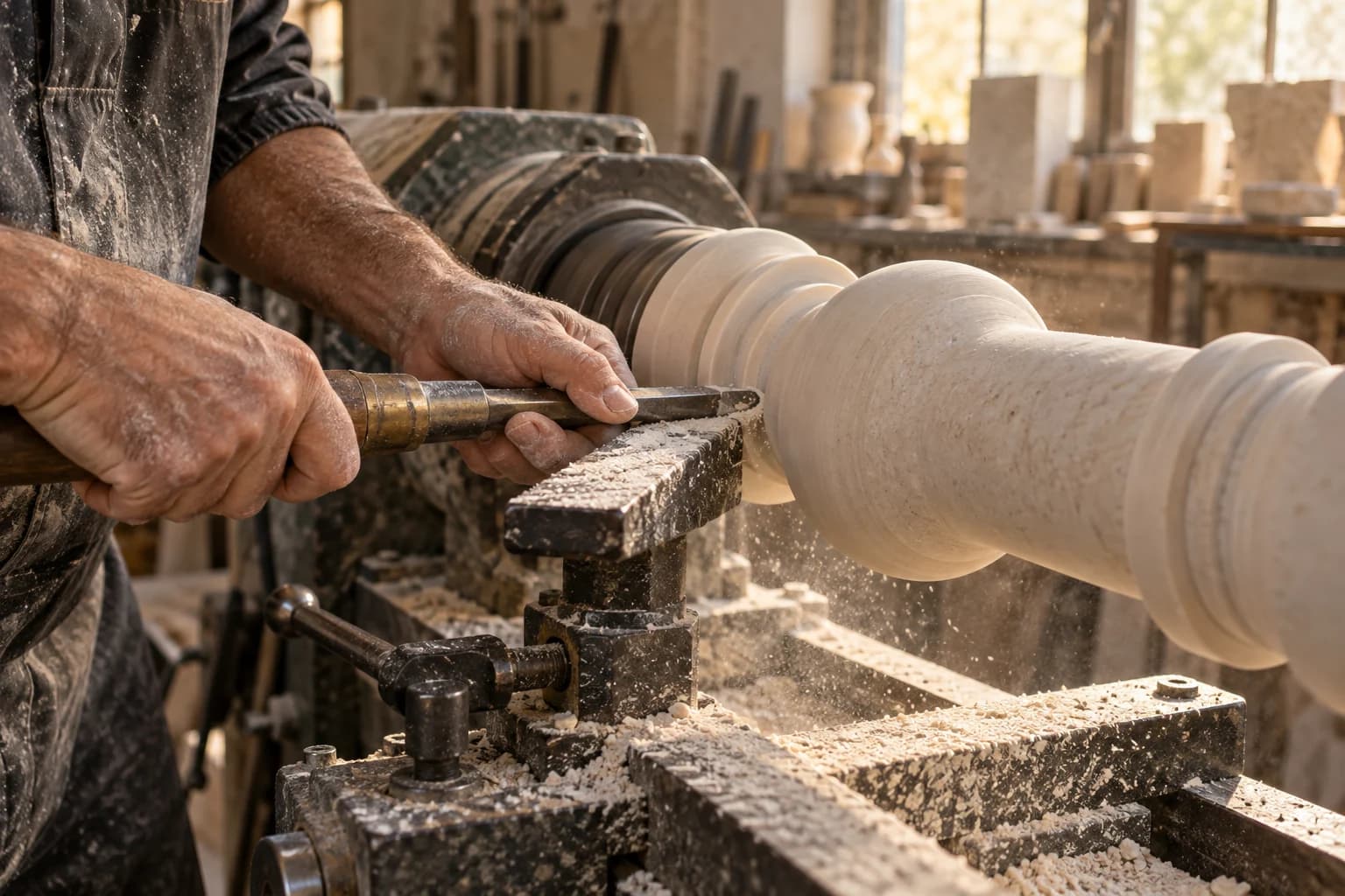Illustrative view of stone turning in a workshop