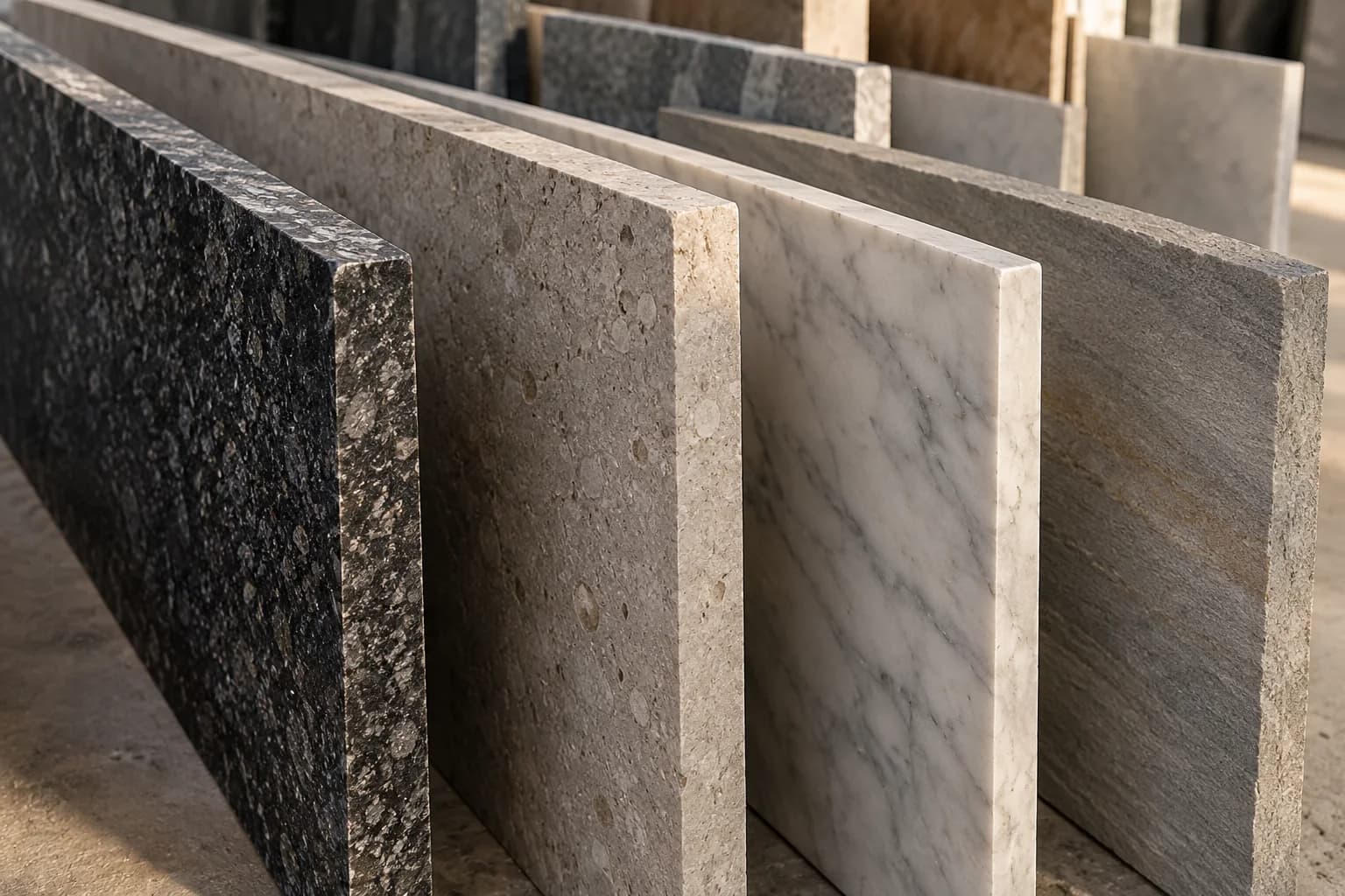Illustrative photograph of cut granite, limestone and marble slabs arranged side by side