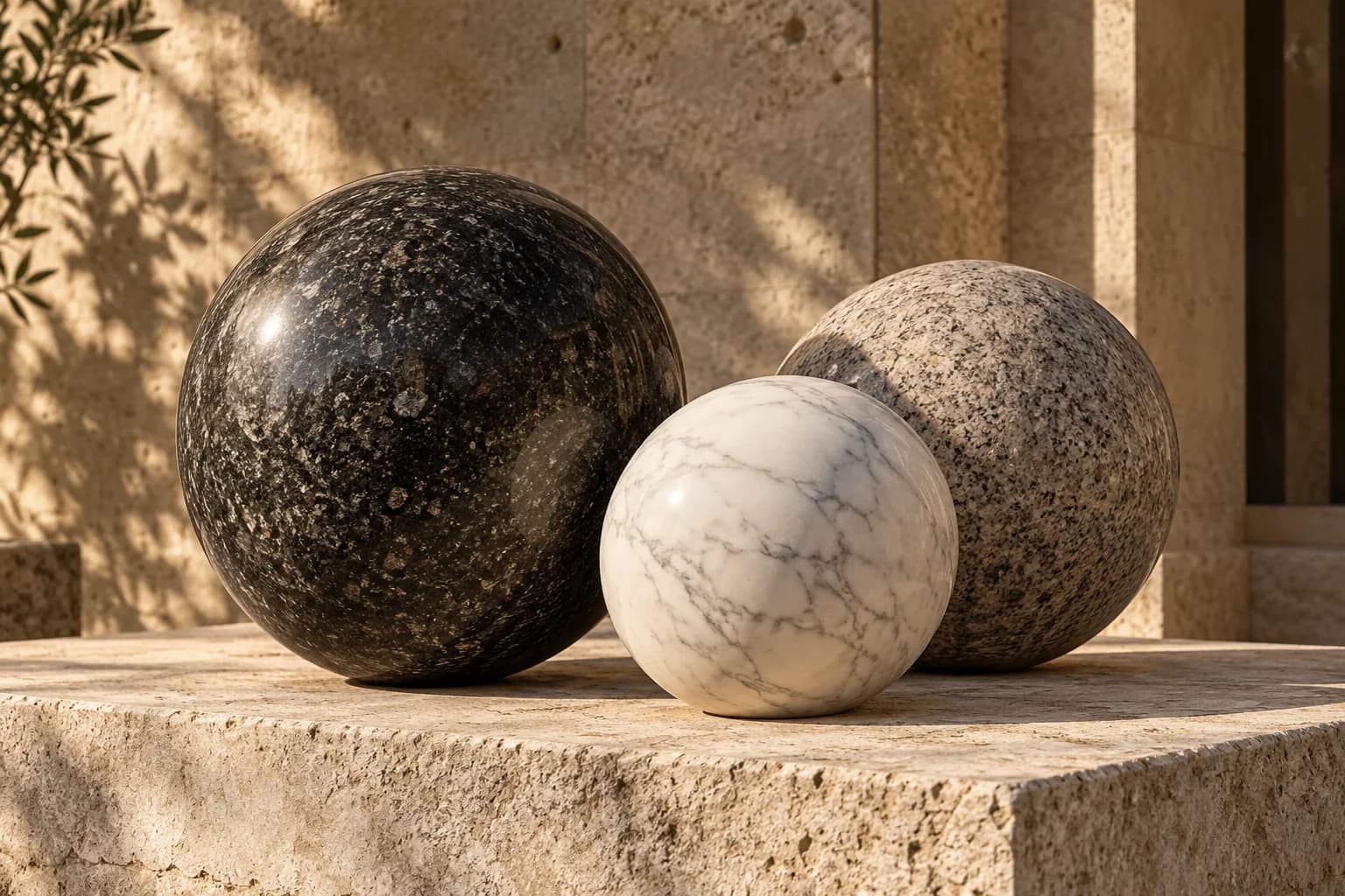 Illustrative visualisation of three turned marble and granite stone spheres
