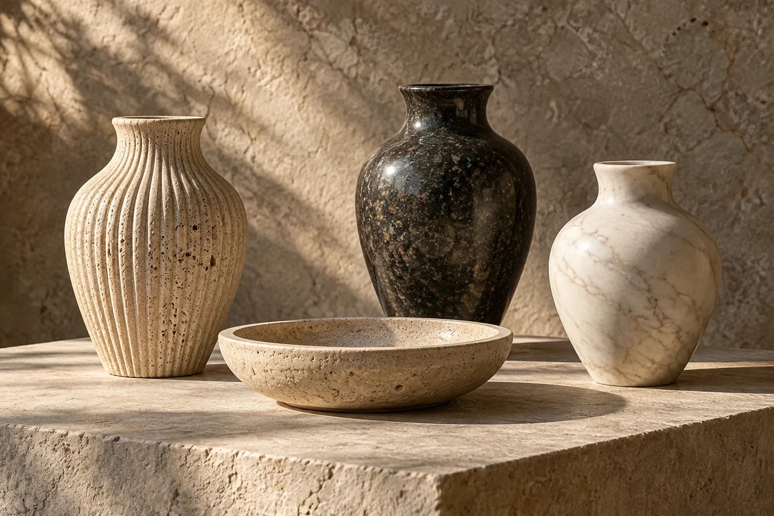 Illustrative composition of turned stone vases and a bowl